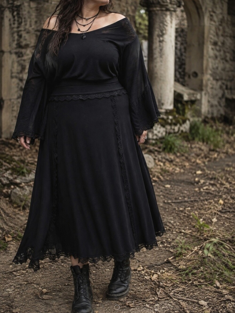 Cosmic Aura Black Lace Trim Maxi Skirt Rayon Blend Stretch Goth Boho Y2K Grunge